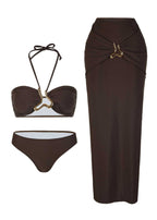 Isla - Three-Piece Bronze Halter Bikini & Skirt Set