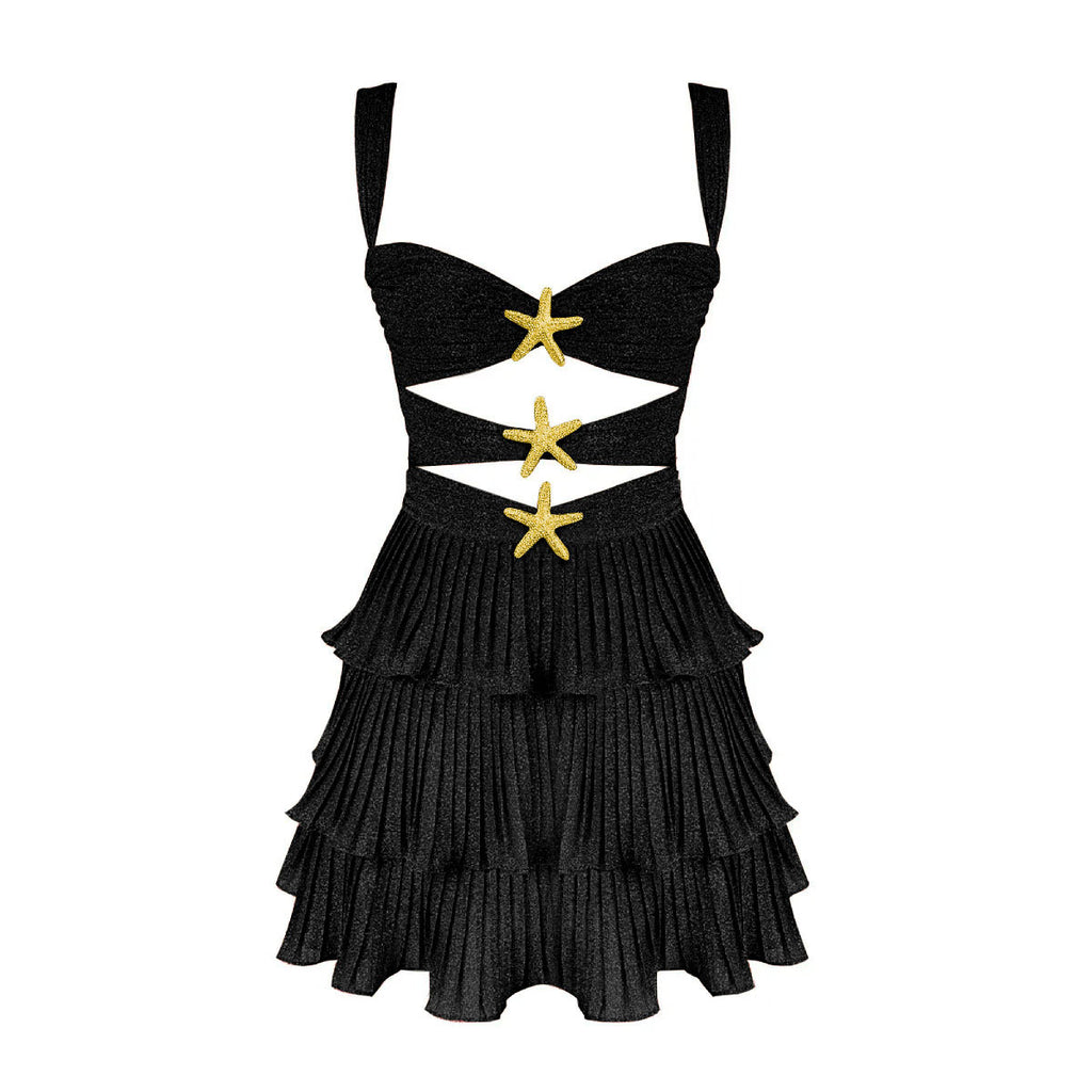 Little Mermaid Glitter Fabric Metal Starfish Hollow Layered Stretch One-piece Swimsuit