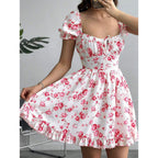 Tatiana Chic Women's Floral Basic Dress with Puff Sleeves and Adjustable Neckline Boutique Collection