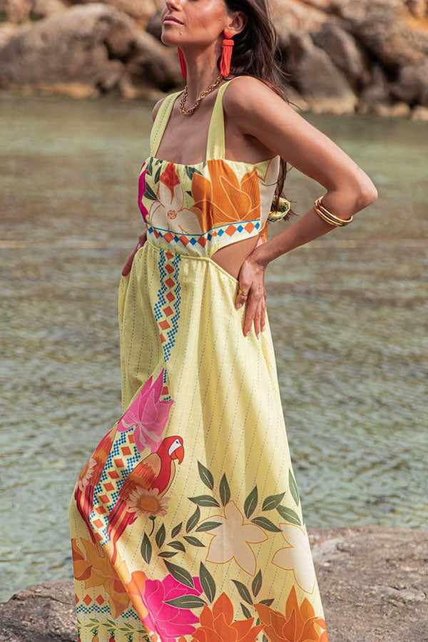 Resort Style Unique Print Sexy Square Neck Backless Waist Maxi Dress