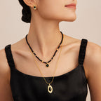 Long Black Agate Bead Statement Necklace
