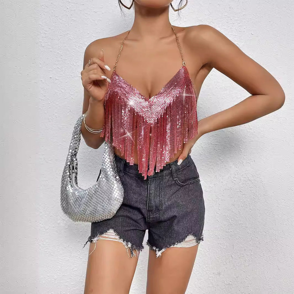 Charm Dynamic Sparkling Fringe Halter Top