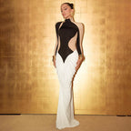 Trend Half High Collar Long Sleeves Stitching Contrast Color Pleated Dress