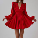 Ruched Puff Sleeve V Neck Waist Belt Satin A Line Mini Dress