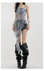 Black Asymmetric Ribbon Strap Tank Top With Ruffle Edge Design