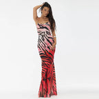 Backless Lace up Gradient Spaghetti Strap Floral Print Dress Maxi for