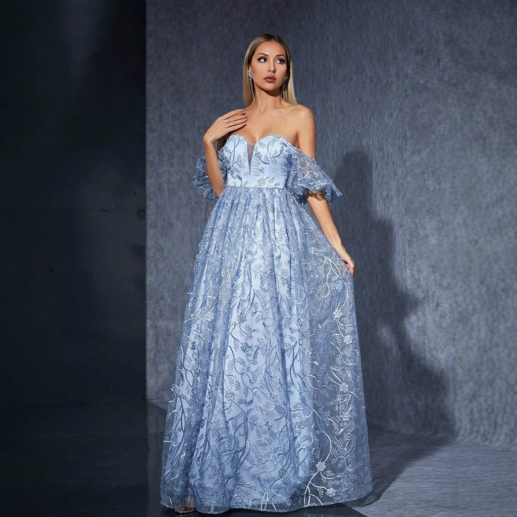 Off Shoulder Mesh Embroidered Evening Dress Ball Cocktail Niche Dress