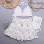 Hollowed out Lotus Bud Short Skirt Split Hand Woven Beach Swimsuit Vacation Two Piece Sets