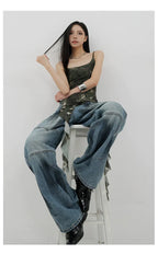 Vintage Distressed And Dirt-Dyed Patchwork Wide-Leg Jeans