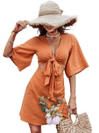 Jenner Linen Blend Tie Front Cutout Midi Dress Orange