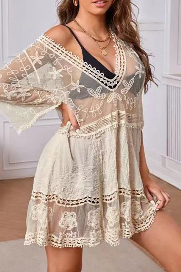 Lace V Neck Hollow Short Sleeved Cover Up