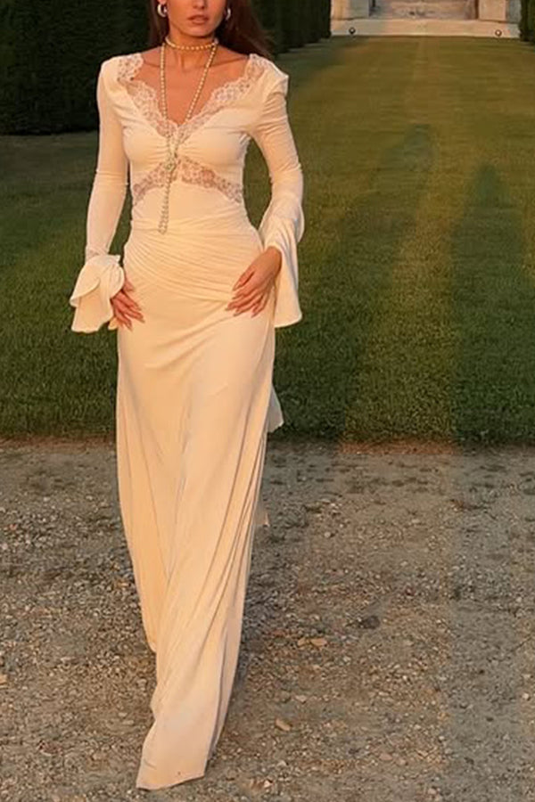 Fashion Lace Splicing Sexy V-neck Long-sleeved Slim Maxi Dress