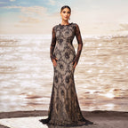 High Grade Long Sleeved round Neck Cocktail Gauzy Package Hip Fishtail Evening Dress Bridesmaid Dress