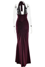Solid Color Elegant Halterneck V-neck Open Back Tie Gathered Maxi Dress
