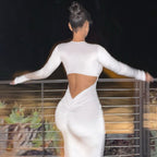 Cutout Slim Pleated Solid Color Long Sleeve Dress