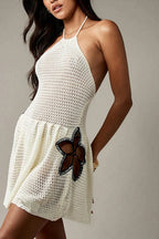 Fashionable Openwork Knit Halter Neck Backless Cover-up Mini Dress