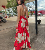 Ladies Strapless V-neck Women's Beach Halter Backless Printed Fairy Long Temperament Dresses Swing Dresses