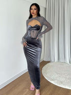 Evening Feather-Decorated Velvet Maxi Dress