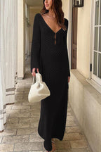 V Neck Button Down Knitted Cutout Long Sleeved Cover Up