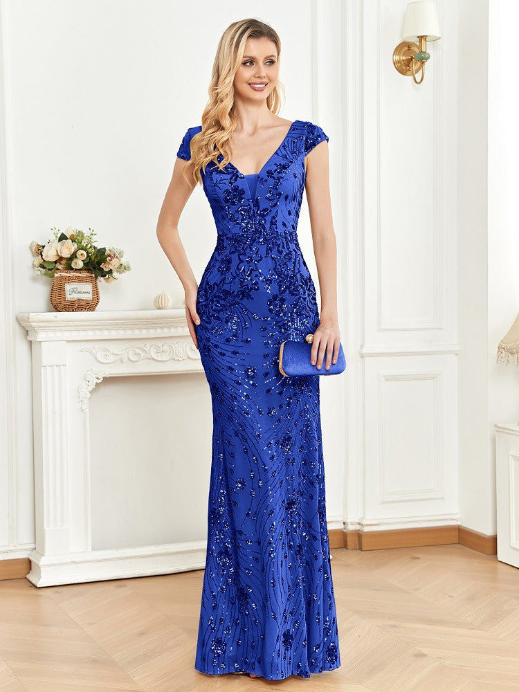 Sequined Champagne Evening Cocktail Slim Fit Fishtail Long Toast Dress