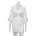 White Satin Deep V neck Hollow Out Cutout Twisted Three Quarter Sleeve Tight Dress
