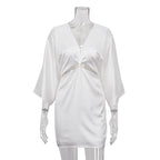 White Satin Deep V neck Hollow Out Cutout Twisted Three Quarter Sleeve Tight Dress