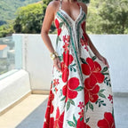Ladies Strapless V-neck Women's Beach Halter Backless Printed Fairy Long Temperament Dresses Swing Dresses
