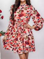 Nerea Timeless Women's Floral Print Dress with Waist Belt and Long Sleeves Evening Wear Edit
