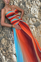 Ladies' Sunset Sexy strapless Fashion Tassel Printed Twisted Hollow Off Shoulder Vacation Long Dress