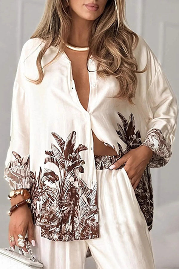 Botanical Print Loose Long-sleeved Shirt and Elastic Waist Pocket Casual Wide-leg Pants