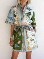 Deep Sea Dreaming Linen Blend Unique Print Tie-up Pocketed Shirt Mini Dress