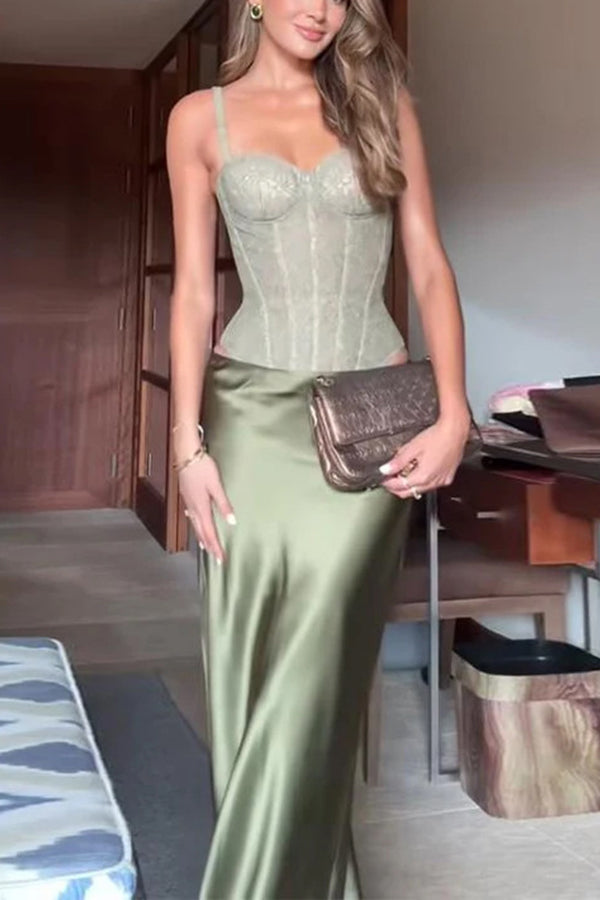 In A Fairytale Lace Satin Mid Rise Drape Maxi Skirt