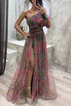 Elegant and beautiful chiffon floral pleated single shoulder sleeve slit long skirt for family
