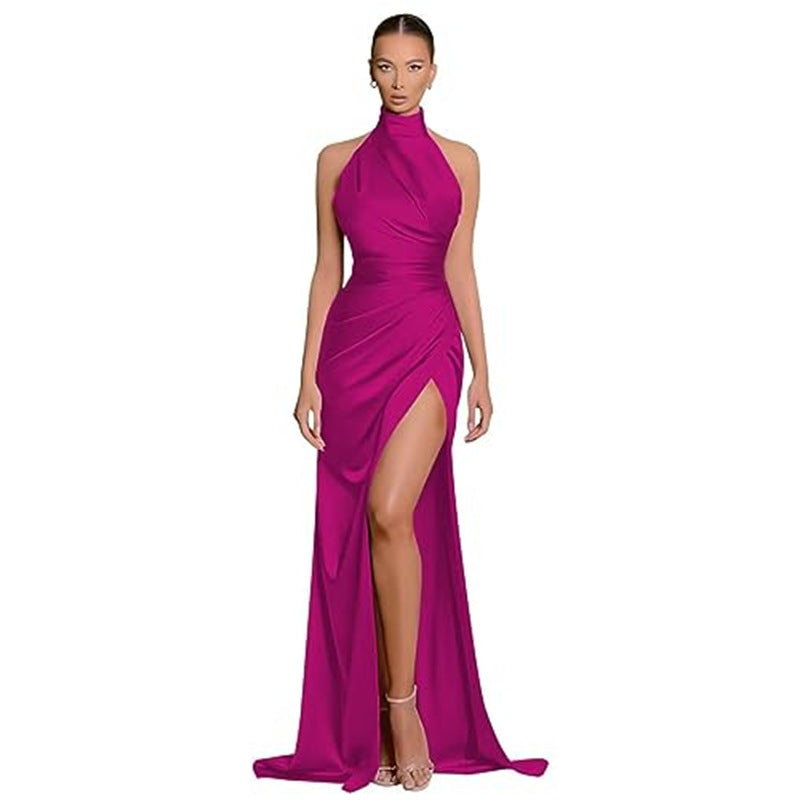 Havyn Satin Asymmetrical Halter Midi Dress Green