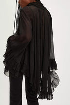 Flowy See-through Ruffle Tie-up Neck Bell Sleeve High-low Hem Cape Shirt