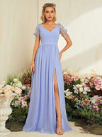 V neck Elegant Evening Dress Prom Party Slit Evening Dress Wedding Dinner Toast Dress Annual Meeting Dress