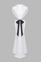 Gaelyra White Backless Satin Pleated Maxi Dress