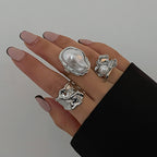 3-Piece Liquid Metal Baroque Pearl Hug Ring Set