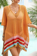 Color Block V Neck Slit Hollow Short Sleeved Knitted Cover Up