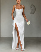 Ladies' satin back tie, pleated hem, slit high low waist long skirt