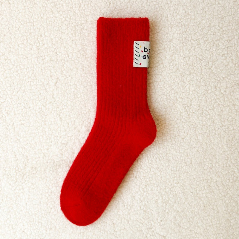 Embroidered Red Mid Calf Coral Fleece Cozy Socks