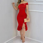 Natacha Minimalist Women's Evening Dress with Off the Shoulder Design and Voluminous Skirt Boutique Collection