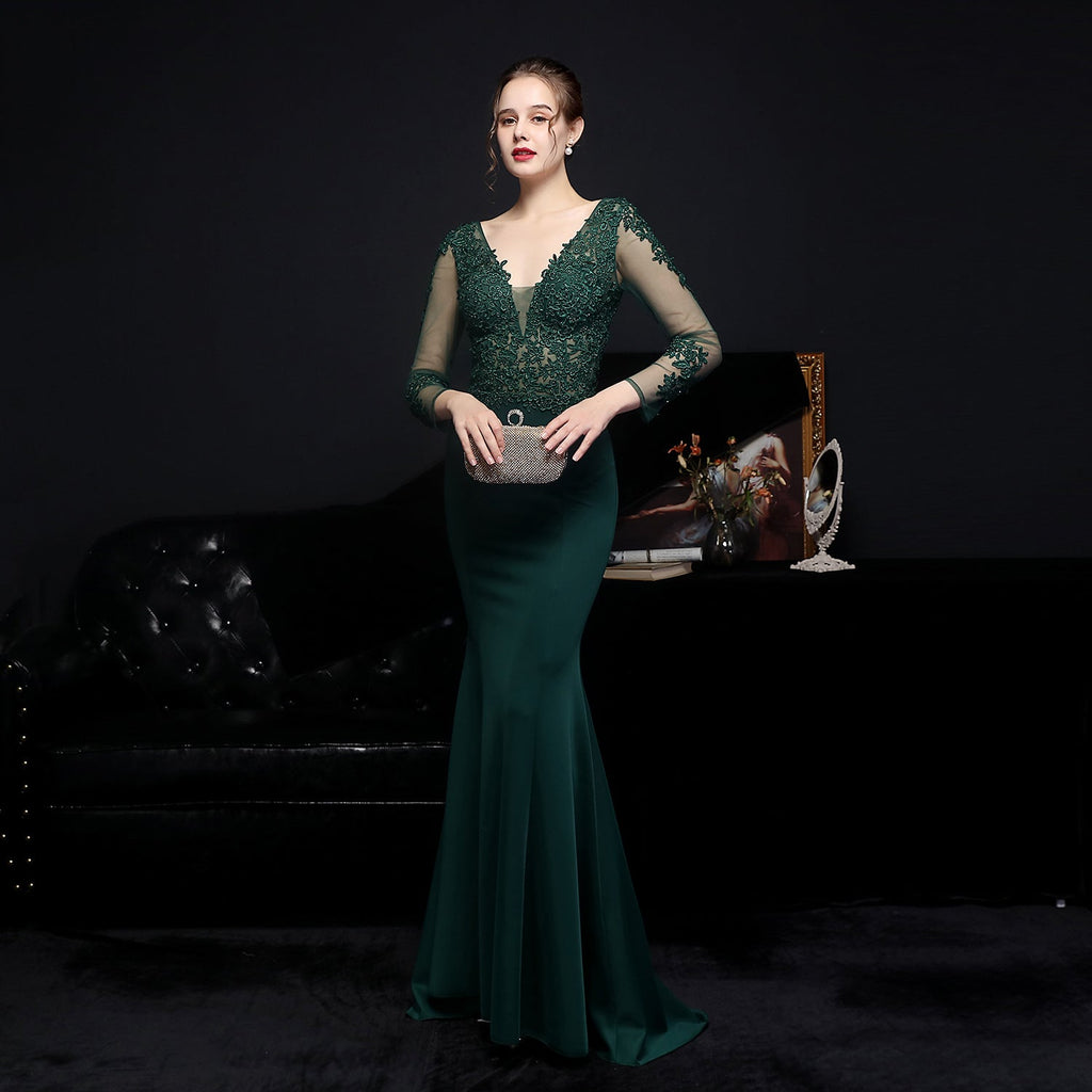 Full Craft Lace Diamond Toast Dress Bride Long Long Sleeve Appreciation Dinner Fishtail Evening Dress Formal Gown