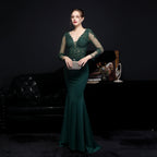 Full Craft Lace Diamond Toast Dress Bride Long Long Sleeve Appreciation Dinner Fishtail Evening Dress Formal Gown