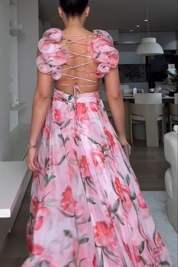 Whimsy Grace Tulle Floral Ruffle Detail Back Lace-up Pleated Maxi Dress