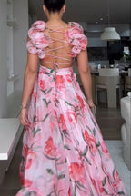 Whimsy Grace Tulle Floral Ruffle Detail Back Lace-up Pleated Maxi Dress