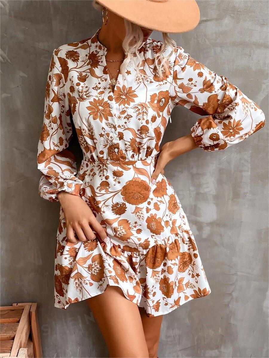 Nayeli Luxe Women's Floral Print Casual Dress with Button Placket and Gathered Hem Designer Edit