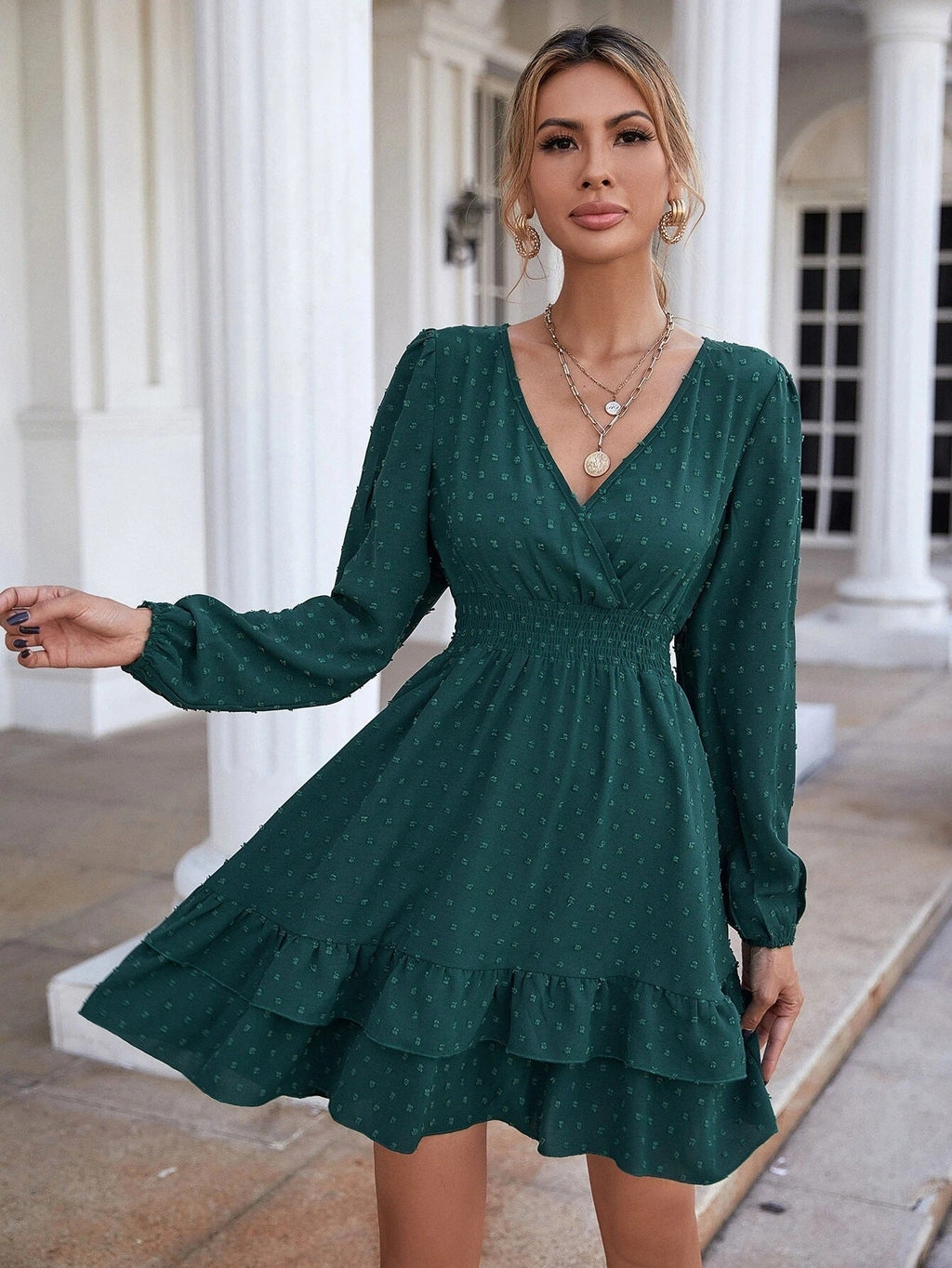 Samar Satin Embossed Cowl Neck Dress Hunter Green