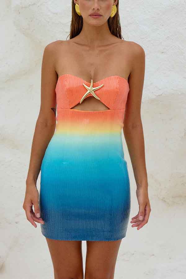Gradient Sequin Sexy Off-the-shoulder Hollow Slim Mini Dress