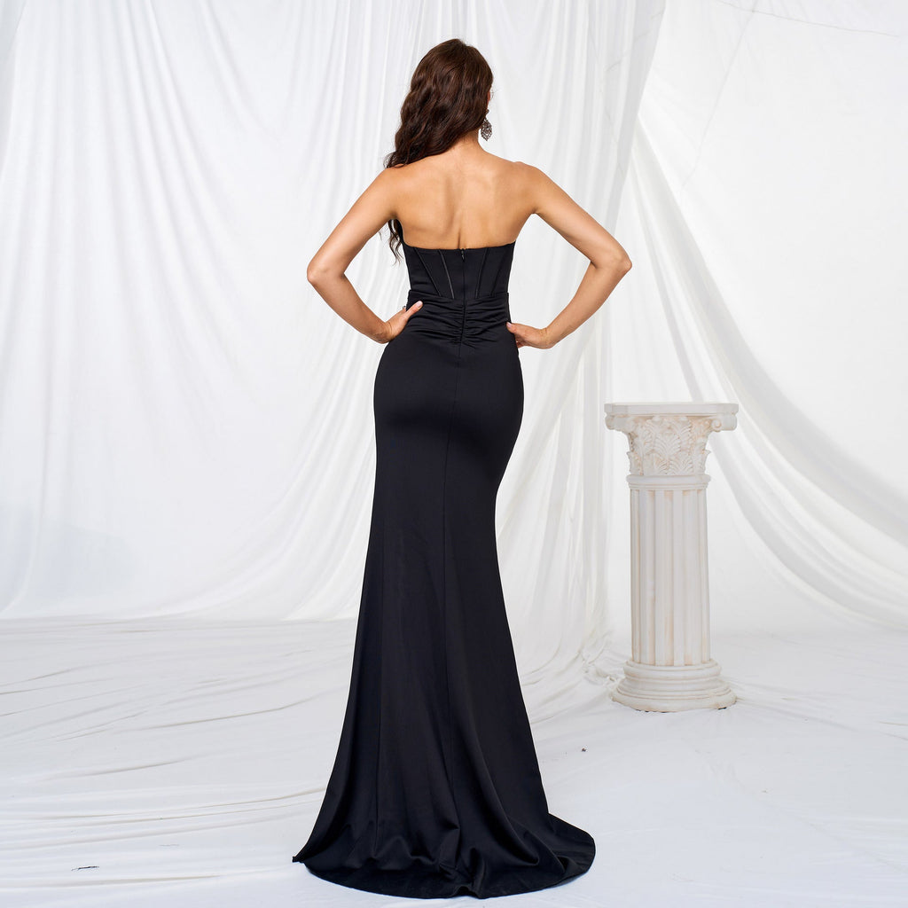 Solid Color Strapless Slit Bodycon Cocktail Dress